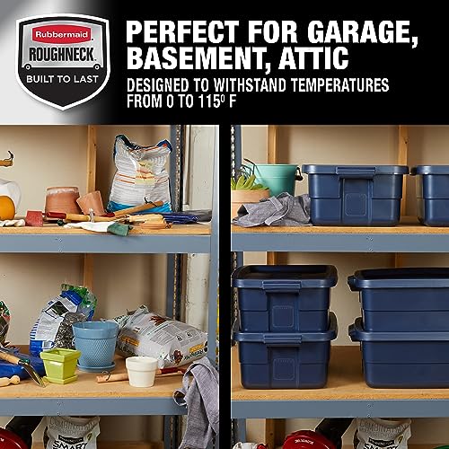 Rubbermaid Roughneck Tote 10 Gal, 8 Pack, Made in USA, Dark Indigo Metallic, Rugged Plastic Stackable Storage Bins with Lids and Handles - size: 10 Gal - 8 Pack