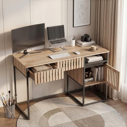Small Home Office Desk, 46.5" Fluted Writing Desk with 2 Drawers | Compact desk with storage cabinet for bedroom small spaces, dressing table console table, Black and Oak
