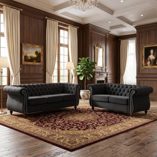 GDFStudio 82.6" Velvet Sofa Set, Modern Living Room Couch Set, Upholstered Sofa Loveseat Chair Set, Chesterfield with Button Tufted Back Rolled Arms Wood Tapered Feet for Apartment Living Room, Black - color: Black, size: 3+2+1 Seat