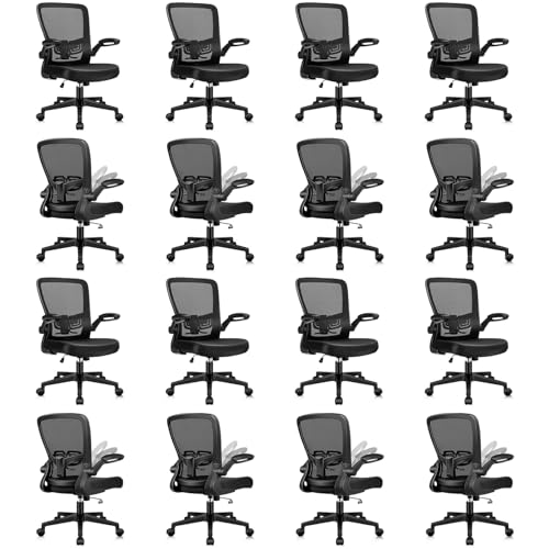 Desk Chairs with Wheels, Ergonomic Mesh Office Chair Adjustable Height and Swivel Lumbar Support Home Office Chair with Flip Up Armrests, Set of 16 - color: Black, size: 16PK