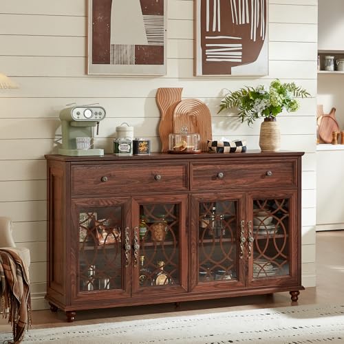 Joaxswe Farmhouse Sideboard Buffet Cabinet with Storage,59" Large Credenza with 4 Glass Doors & 2 Drawers,Adjustable Shelves Console Table,Wood Kitchen Coffee Bar for Dining Room,Living Room,Brown