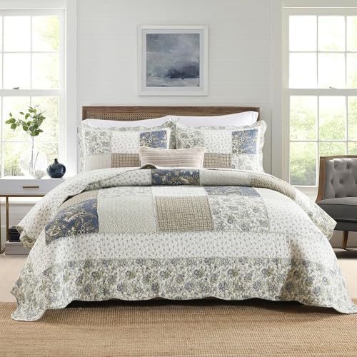 Yvooxny Quilt Set Queen Size Reversible Country Farmhouse Floral Real Patchwork Quilted Bedspread 3-Piece Quilt Set with Pillowcases with Ruffles for All Seasons, 90 x 98 Inches - color: G-gardenia, size: Queen