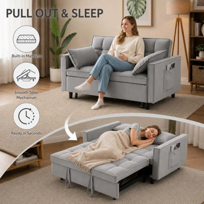 3 In 1 Velvet Convertible Sofa Bed, Pull Out Couch Bed with Reclining Backrest And 2 Pillows, 54" Full Size Loveseat Sleeper Sofa Futon Couch Bed, Couches For Small Spaces, Living Room (Silver Grey) - color: Silver Grey