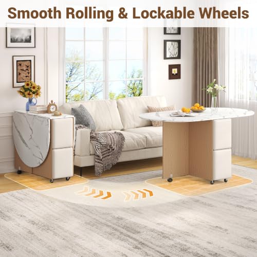 60" Extendable Drop Leaf Dining Table Set with 4 Leather Chairs,Storage,5 Pcs Oval Foldable Kitchen Table and Chairs Set for 4-8 People,6 Wheels,Folding Table Set for Small Space Saving,White Marble - color: White Marble