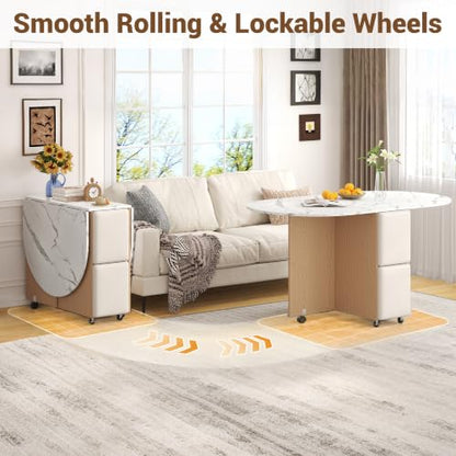 60" Extendable Drop Leaf Dining Table Set with 4 Leather Chairs,Storage,5 Pcs Oval Foldable Kitchen Table and Chairs Set for 4-8 People,6 Wheels,Folding Table Set for Small Space Saving,White Marble - color: White Marble