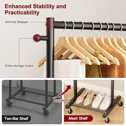 SLEEPING LAMB Small Clothes Racks for Hanging Clothes, Rolling Clothing Rack with Shelves, 60" Metal Garment Rack with Wheels Portable Wardrobe Rack for Small Space, Black - color: Black