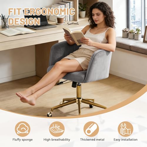Vanity Chair with Back 360 Swivel Armchair and Gold Base, Criss Cross Chair with Wheels for Vanity Home Office, Living Room, Bedroom and Study (Grey) - color: Grey