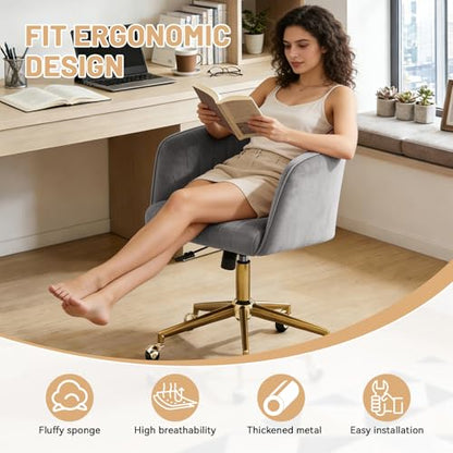 Vanity Chair with Back 360 Swivel Armchair and Gold Base, Criss Cross Chair with Wheels for Vanity Home Office, Living Room, Bedroom and Study (Grey) - color: Grey