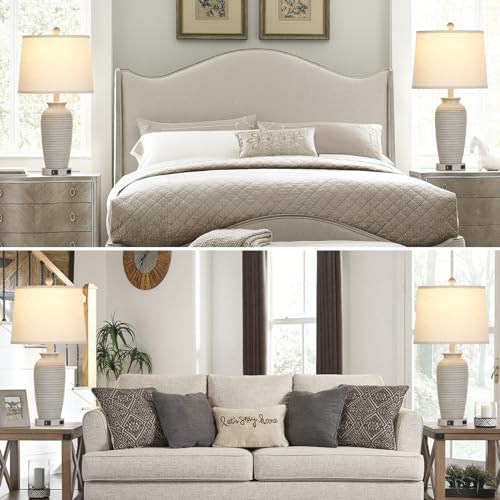 CINSARY 25" Farmhouse Jar Table Lamps Set of 2, 3 Way Touch Control Rustic Bedside Lamps with USB A+C Ports & AC Outlet, Pot Nightstand Lamps for Bedroom Living Room (LED Bulbs Included) - color: Light Gray