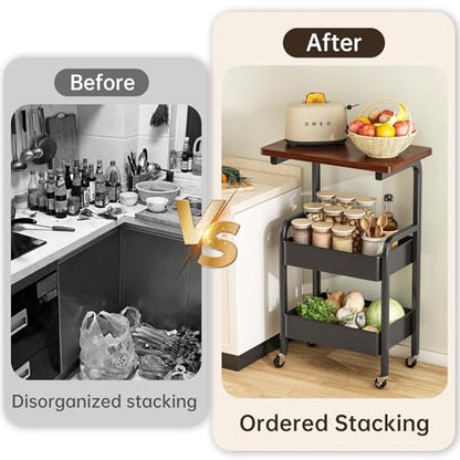 3 Tier Metal Rolling Utility Cart Organizer with Walnut Table Top, Stable and Sturdy Rolling Storage Carts with 2 Lockable Wheels for Kitchen，Bathroom，Snacks，Coffee，Craft，Makeup，Baby Essentials