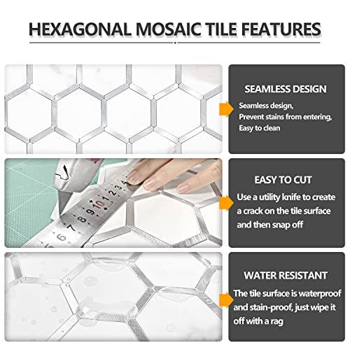STICKGOO Hexagon Peel and Stick Backsplash Tile, Stick on Backsplash for Kitchen and Bathroom, White Marble Look PVC Mixed Metal Silver Self Adhesive Wall Tiles(10 Sheets, Seamless) - color: White Marble with Metal Silver