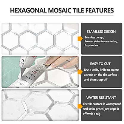 STICKGOO Hexagon Peel and Stick Backsplash Tile, Stick on Backsplash for Kitchen and Bathroom, White Marble Look PVC Mixed Metal Silver Self Adhesive Wall Tiles(10 Sheets, Seamless) - color: White Marble with Metal Silver