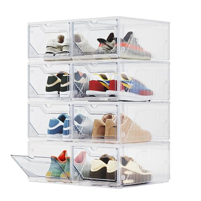 BROVIEW XX-Large Shoe Sneaker Storage Boxes for Size 14, 8 Pack Shoe Boxes | Stackable & Thicken Clear Plastic Shoe Organizers for Entryway Closet, Shoe Container Display Case w/ Magnetic Door - size: 8 packs