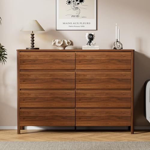 Furniway 55" Mid-Century Modern Dresser for Bedroom, 8 Drawer Wide Chest of Drawers with Wood Legs, Large Storage Bedroom Dresser, Walnut - size: 8 Drawers