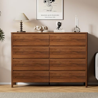 Furniway 55" Mid-Century Modern Dresser for Bedroom, 8 Drawer Wide Chest of Drawers with Wood Legs, Large Storage Bedroom Dresser, Walnut - size: 8 Drawers