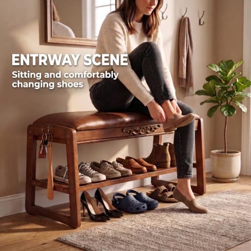 Shoe Storage Bench Shoe Rack Bench with Storage 2 Tier Wooden Shoe Rack | Solid wood shoe bench flip-top storage cushioned seat weight capacity of 550 lb side hooks walnut finish 31.5" W - size: 31.5"