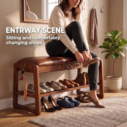 Shoe Storage Bench Shoe Rack Bench with Storage 2 Tier Wooden Shoe Rack | Solid wood shoe bench flip-top storage cushioned seat weight capacity of 550 lb side hooks walnut finish 31.5" W - size: 31.5"