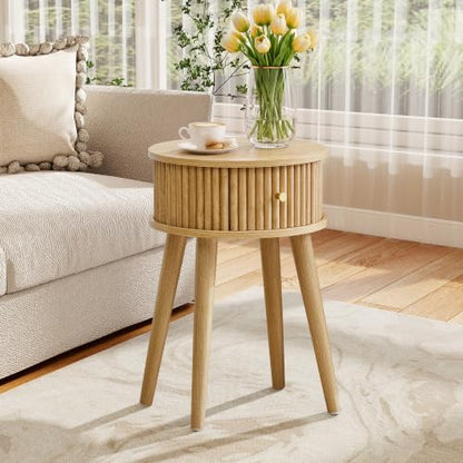 Round Fluted Side Table Set of 2, Small End Table with Fluted Drawer, Mid-Century Modern Wooden Bedside Table Round Nightstand Small Sofa Side Table for Living Room(Natural) - color: Natural, size: 15.7"D x 15.7"W x 23.6"H
