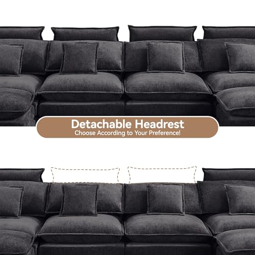134'' Cloud Modern 4 Seater Couch with Detachable Headrest, Modular Sectional Sofa with 2 Ottoman, Oversized U Shape Chenille Comfy Sofa with Armrests for Living Room, Dark Grey - color: Dark Grey, size: U Shaped Couch
