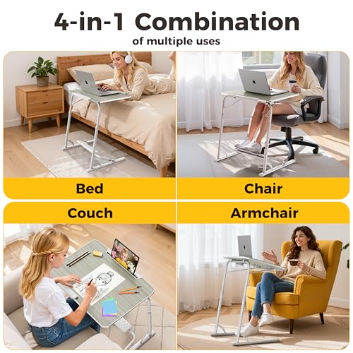 Upgraded Folding TV Tray Table, Sturdy Couch & Dinner Laptop Table | Adjustable Height & Angle Portable Desk for Eating, Work & Recliner; Includes Footrest, Cup Holder, iPad Holder, Edge Stopper - color: (White) - Bright Wood