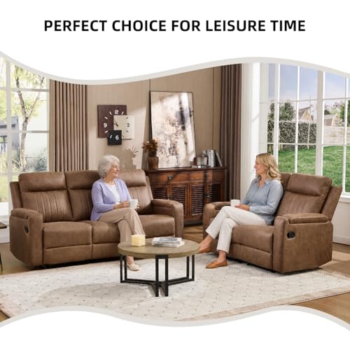 Manual Faux Leather Loveseat and Recliner Sofa Set, Wall-Hugger Reclining Living Room Furniture Set, 2-Seater Recliner Chair, 3-Seat Reclining Sofa Couches for Living Room, Villa, L-Brown, 2+3 - color: Light Brown, size: 58"W+79"W（2+3）