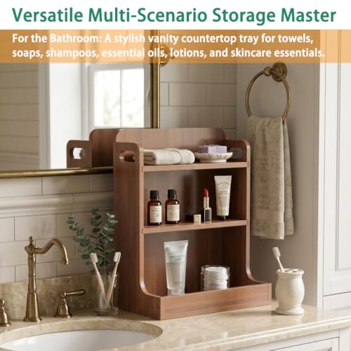 Solid Wood 3-Tier Spice Rack Countertop Organizer Kitchen Storage Shelf | Sturdy wood desktop shelf for spices, coffee bars & bathroom vanities. Features portable handles & full back stability.