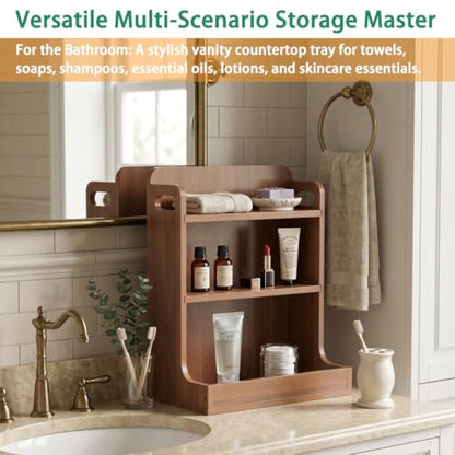 Solid Wood 3-Tier Spice Rack Countertop Organizer Kitchen Storage Shelf | Sturdy wood desktop shelf for spices, coffee bars & bathroom vanities. Features portable handles & full back stability.