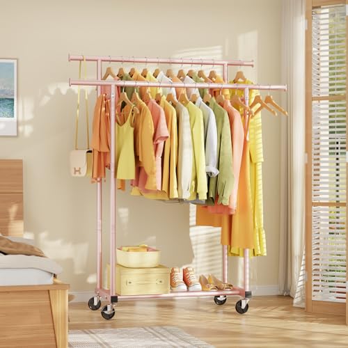 HYSEYY Double Rods Clothes Rack, Sturdy Rolling Clothing Rack, Portable Clothing Racks for Hanging Clothes - Metal Garment Rack Wardrobe Coat Rack for Bedroom Laundry Living Room, Pink - color: Pink