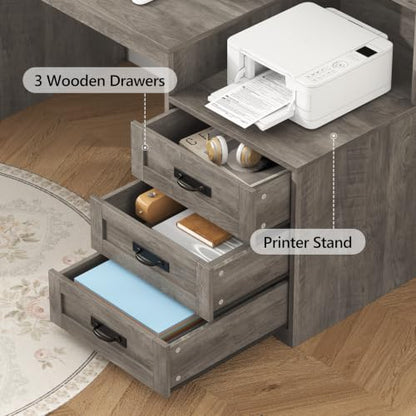 65" Farmhouse Computer Desk with Drawers and Printer Stand for Home Office | Office Desk with Power Outlets and Storage Cabinet, Study Writing Desks with Long Monitor Stand, Grey - color: Grey