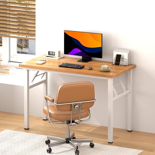 DlandHome 39 inches Folding Table Computer Desk Portable ActivityTable Conference Table Home Office Desk, Fully Assembled Teak and White DND-ND5-100TW | Foldable Writing Table for Small Spaces Bedroom, No Assembly Required, Wood Top Metal Frame, Collapsib