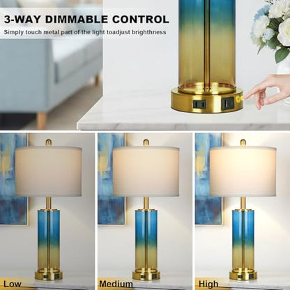 Ruzectt 26" Blue and Gold Glass Lamps Set of 2, 3-Way Dimmable Touch Coastal Bedroom Table Lamp with USB C+A Ports & AC Outlet, Elegant Brass Living Room Lamp, Nautical Bedside Lamps for Night Stands - color: Blue and Gold