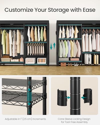 SONGMICS Heavy-Duty Rolling Clothes Rack, Garment Rack, Portable Closet, with Adjustable Mesh Shelves and Hanging Rails, Fabric Cover, 15.8 x 86.4 x 76 Inches, Ink Black ULGR437BH01 - color: Ink Black, size: 86.4"L x 76"H, style: With Fabric Cover