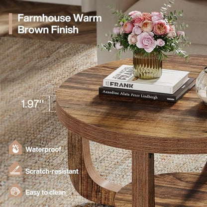Tribesigns Round Coffee Table, 2-Tier Circle Coffee Table with Storage, Modern Wooden Accent Center Table for Living Room, Thick Tabletop & Base, Dark Brown - color: Brown