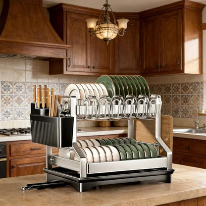 Fandian Dish Drying Rack 2 Tier Dish Racks for Kitchen Counter and Sink, Large Dish Drying Rack with Drainboard & Utensil Holders Stainless Steel Dish Drainers Kitchen Organization and Storage - color: White Dish Racks