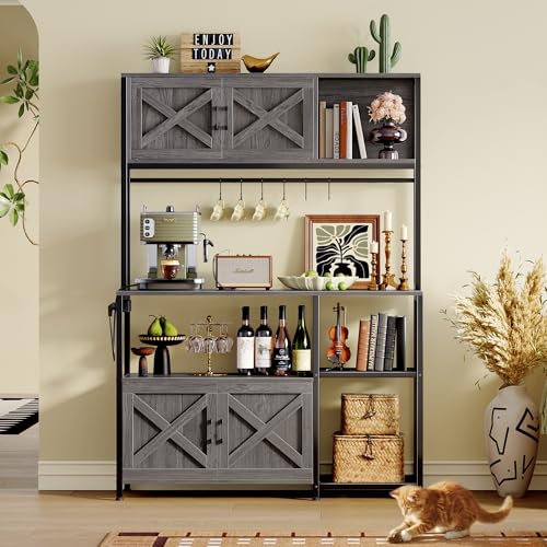 Huuger Large Bakers Rack with Power Outlet, Kitchen Microwave Stand with Cabinets, Coffee Bar Table Station with Storage, 6 S-Shaped Hooks, Mesh Shelves, 45 Inch Wooden Top, Grey - color: Charcoal Grey