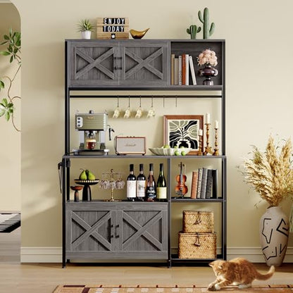 Huuger Large Bakers Rack with Power Outlet, Kitchen Microwave Stand with Cabinets, Coffee Bar Table Station with Storage, 6 S-Shaped Hooks, Mesh Shelves, 45 Inch Wooden Top, Grey - color: Charcoal Grey
