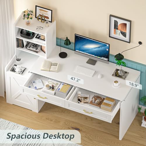 60" White Computer Desk with Drawers & Bookshelves for Bedroom, Home Office | Computer Desk with Bookcase & Drawers, Vanity Desk Writing Study Table with Storage for Bedroom, White - color: White