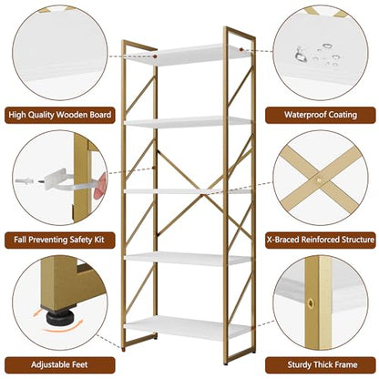 Shintenchi 5 Tiers Bookshelf, Classically Tall Bookcase Shelf,Industrial Book Rack,Modern Book Holder in Bedroom/Living Room/Home/Office, Storage Rack Shelves for Books/Movies,Gold - color: Gold