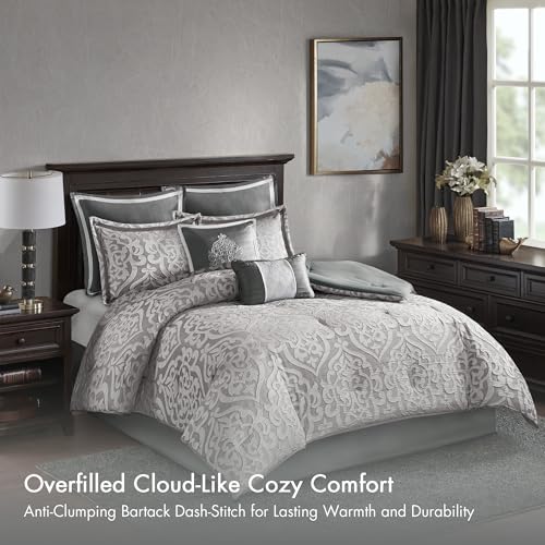 Madison Park Odette Cozy Comforter Set Jacquard Damask Medallion Design - Modern All Season, Down Alternative Bedding, Shams, Decorative Pillows, Queen(90 in x 90 in), Silver 8 Piece | All Season Down Alternative Bedding with Comforter, Shams, Bed Skirt,