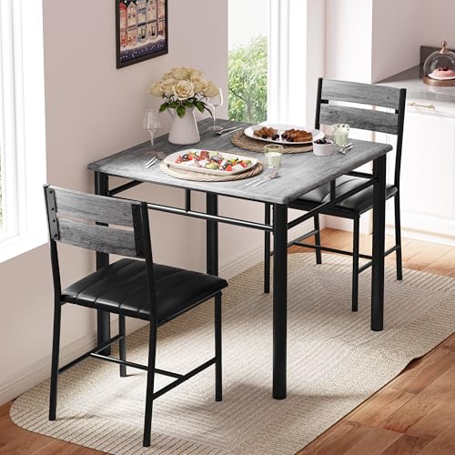 IRONCK Dining Table Set for 2, Gray | Small Kitchen Table with Upholstered Chairs, Compact Dining Set for Small Spaces, Kitchen & Dining Room - color: Grey