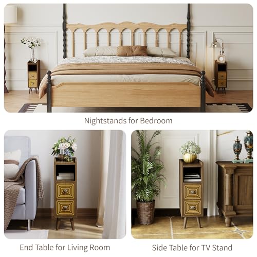 Narrow Nightstands Set of 2, Mid-Century Modern Bedside Table with Carved Drawer and Storage Shelf, Farmhouse Slim Side End Table for Bedroom and Living Room - color: Walnut-narrow Nightstands Set of 2