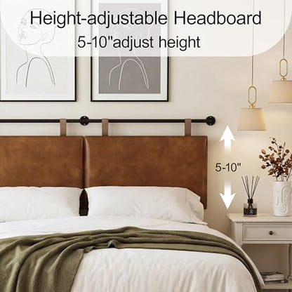 King Headboard, Wall Mounted Hanging Upholstered Soft Bed Head Board with Modern Design Faux Leather Headboards Ideal for Bedroom (Brown Leather, King - color: Brown, size: King