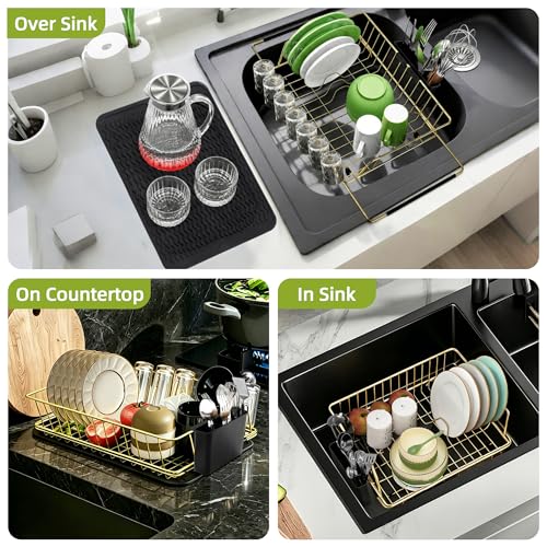 Dish Drying Rack-Large Stainless Steel Dish Drainer Over The Sink for Kitchen Countertop with Utensil Holder and Silicone Drying Mat(Gold, in Sink, 24.2'*13.2') - color: Gold, size: In sink,Extra Large