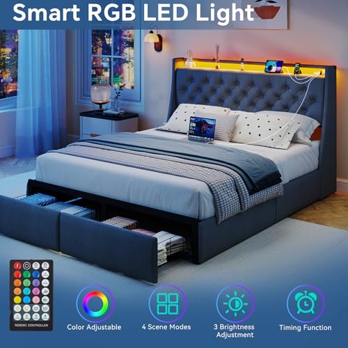 SADENICEL Queen Bed Frame with 2 Storage Drawer, Queen Size Bed Frame, Grey | Headboard with Charging Station and LED Lights, Metal Platform Bed with Storage Shelf, Noise Free, No Box Spring Needed - size: Queen, style: 2 Storage Drawer