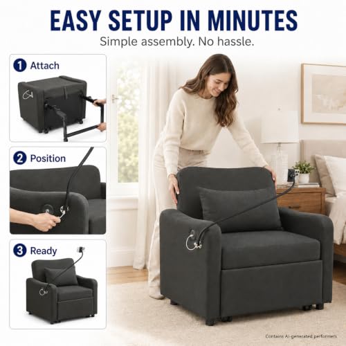 Majnesvon Convertible Chair Bed 3 in 1, Sofa Bed Chair (Black-1) | with Adjustable Backrest & Charging Station, Small Space One Person Couch for Apartment, Office, Living Room, Bedroom - color: Black-1