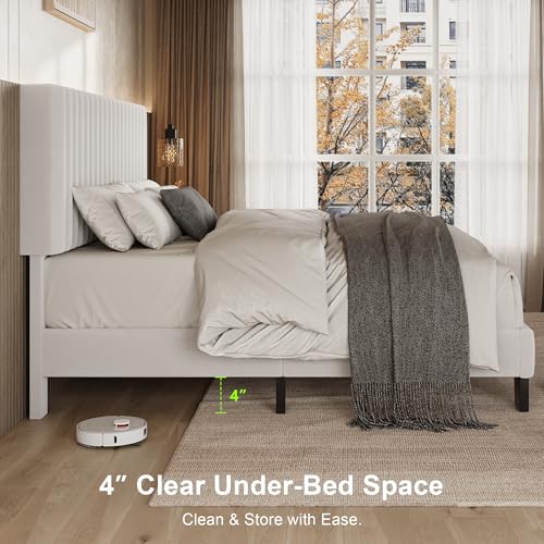 Einhomn Full Size Bed Frame with Headboard, Upholstered Velvet Platform Bedframe with Solid Wooden Slats, Noise-Free, No Box Spring Needed, Easy Assembly, White - color: White, size: Full