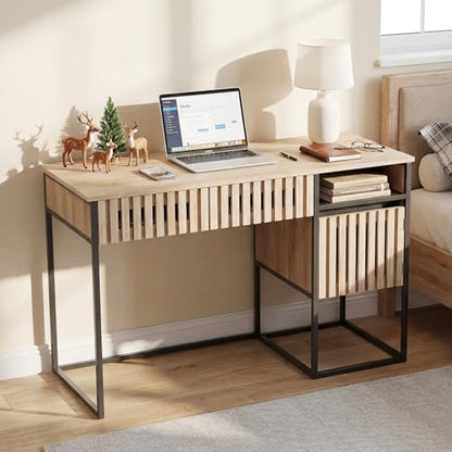 Small Home Office Desk, 46.5" Fluted Writing Desk with 2 Drawers | Compact desk with storage cabinet for bedroom small spaces, dressing table console table, Black and Oak