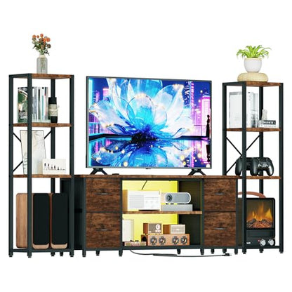 LED TV Stand Bookshelf Combo with Charging Station for 65 60 55 Inch TV, Entertainment Center with Lights & Drawers, Industrial Media TV Console Table for Living Room Bedroom Office, Rustic Brown - color: Rustic Brown