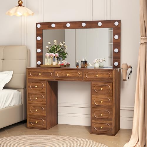 Fluted Vanity Desk with Mirror and Lights, Power Outlets, Modern Wood Vanity Desk Makeup Table with 11 Drawers, 3 Color Modes Dressing Table with Storage for Bedroom, Living Room, Walnut - style: Walnut