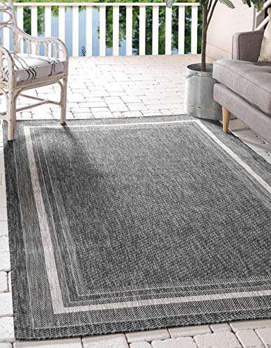 Unique Loom Outdoor Border Collection 부분 러그 - 부드러운 테두리 (122.4cm x 182.4cm 직사각형, 블랙/아이보리) - color: 블랙/아이보리, size: 4'1" x 6'1" (Rectangular)